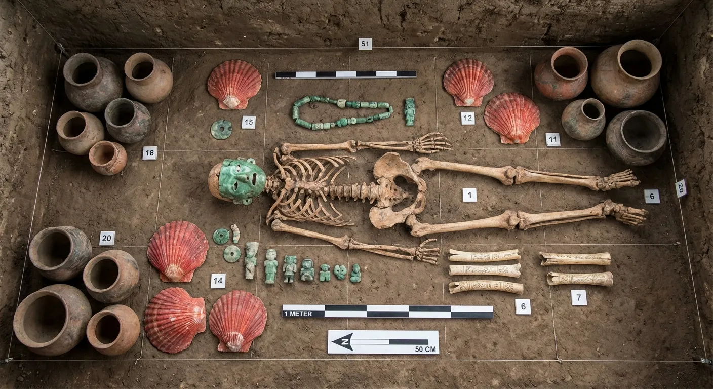 Archaeological layout showing tomb contents including vessels, shells, jade, and carved bones
