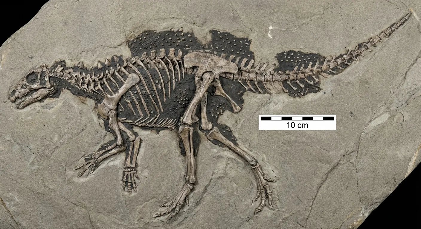 Fossil photograph of Haolong dongi skeleton with preserved skin visible around body outline