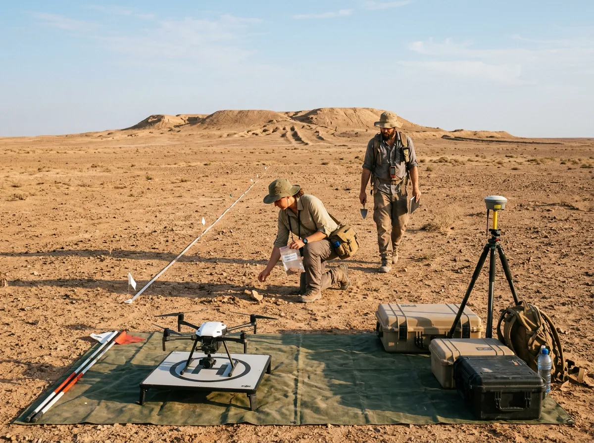 Archaeologists conducting a drone survey and surface walk at the Jebel Khayyaber site in Iraq