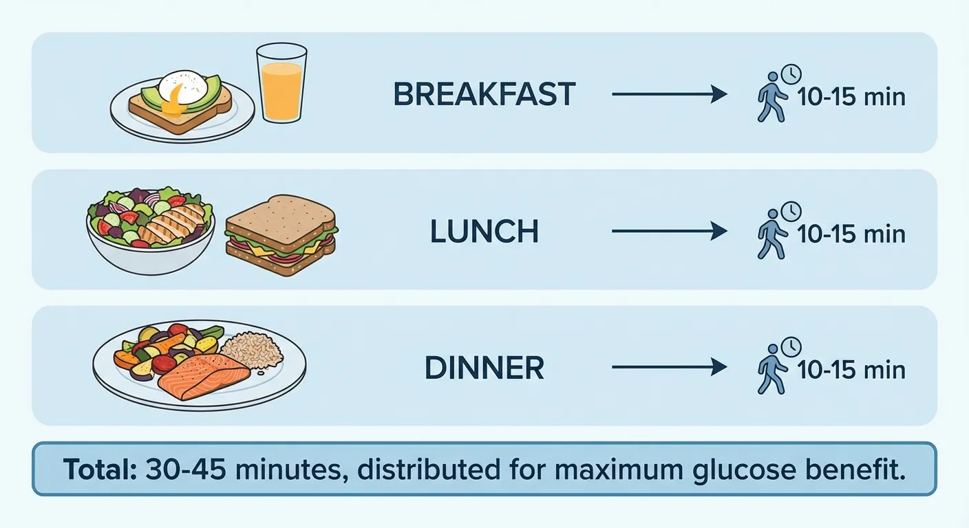 Split view showing three meals of the day with a walking shoe icon after each meal