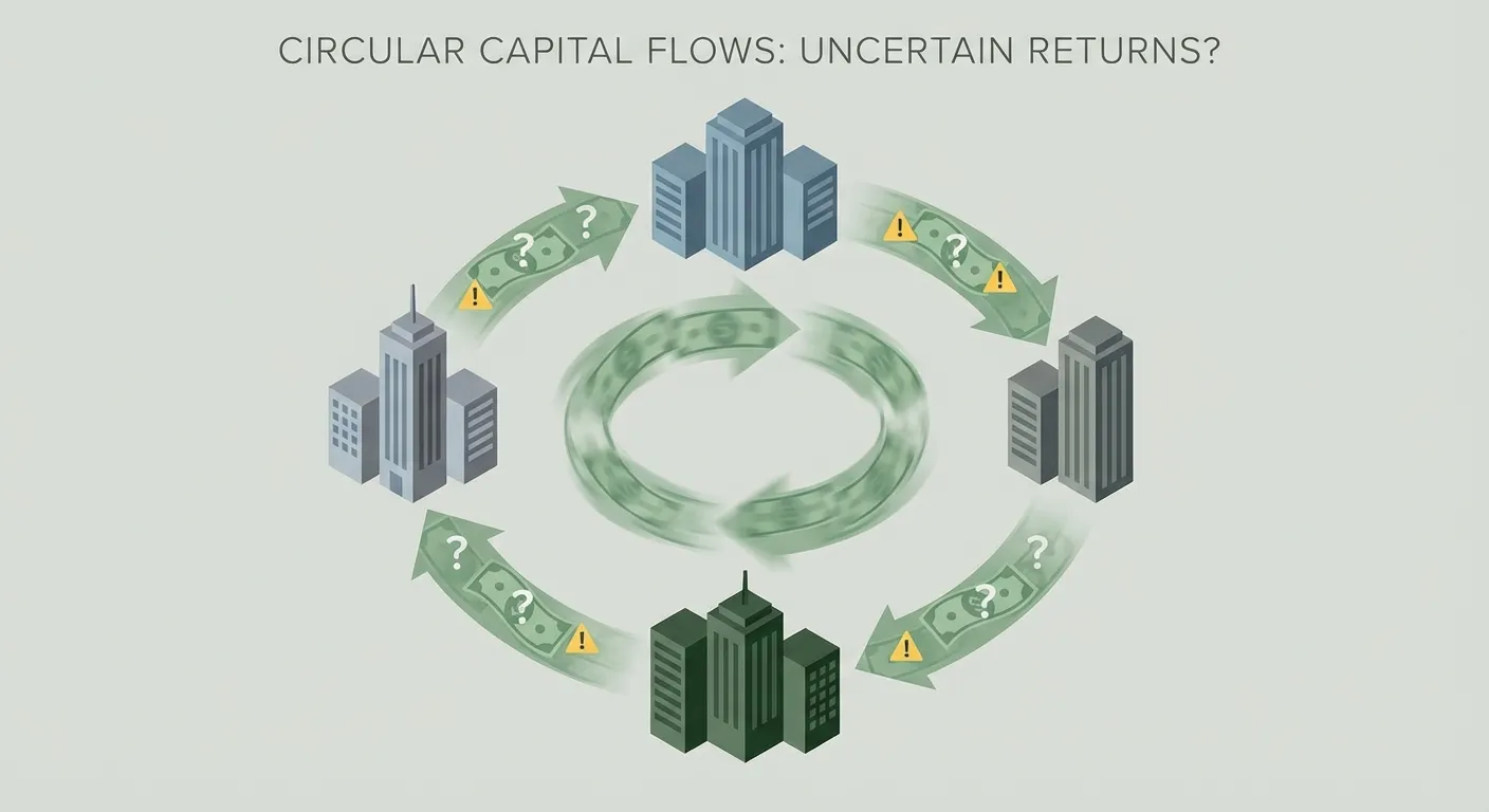 Abstract financial flow diagram showing circular investment patterns between tech companies