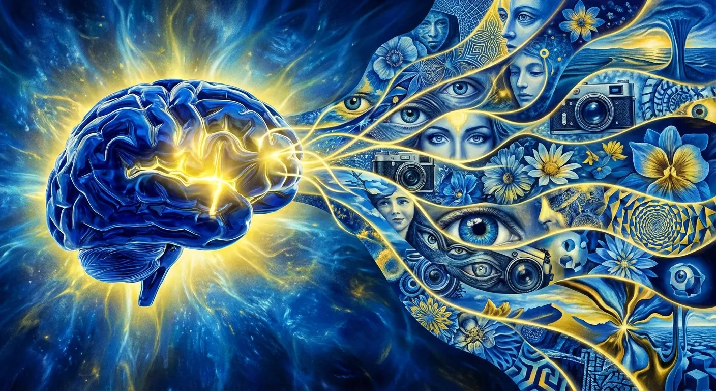 Abstract visualization of human brain with neural pathways and light patterns