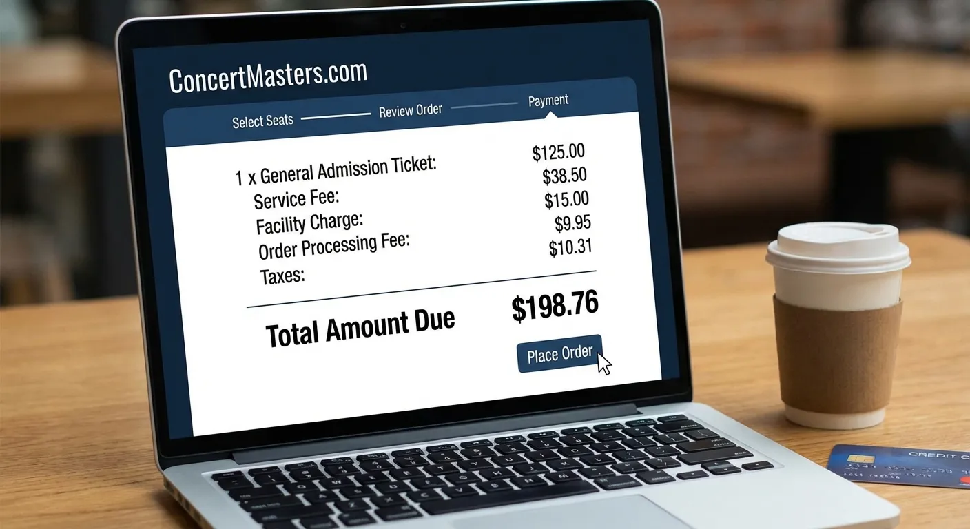 Ticketmaster checkout screen showing base price versus final price with massive fees