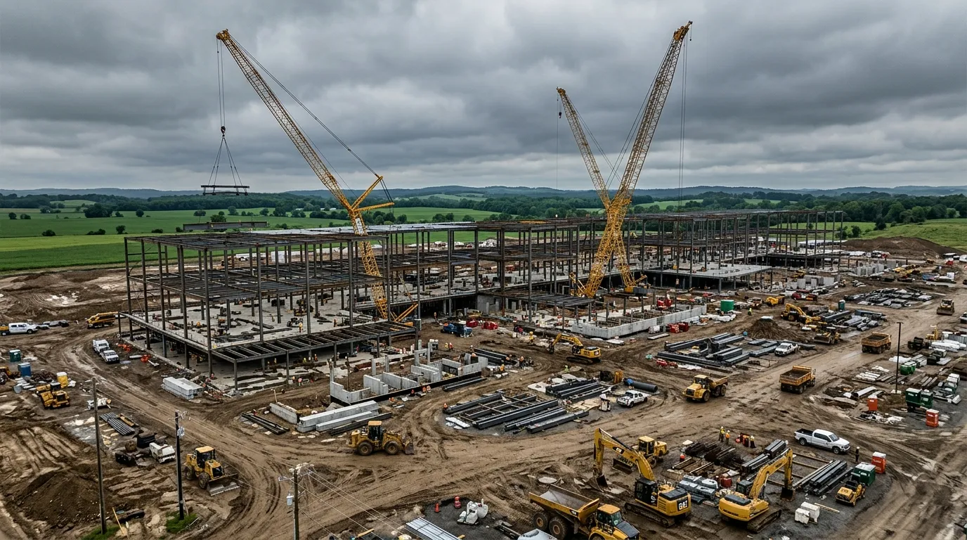 Large data center facility under construction with cranes and steel framing against a cloudy sky