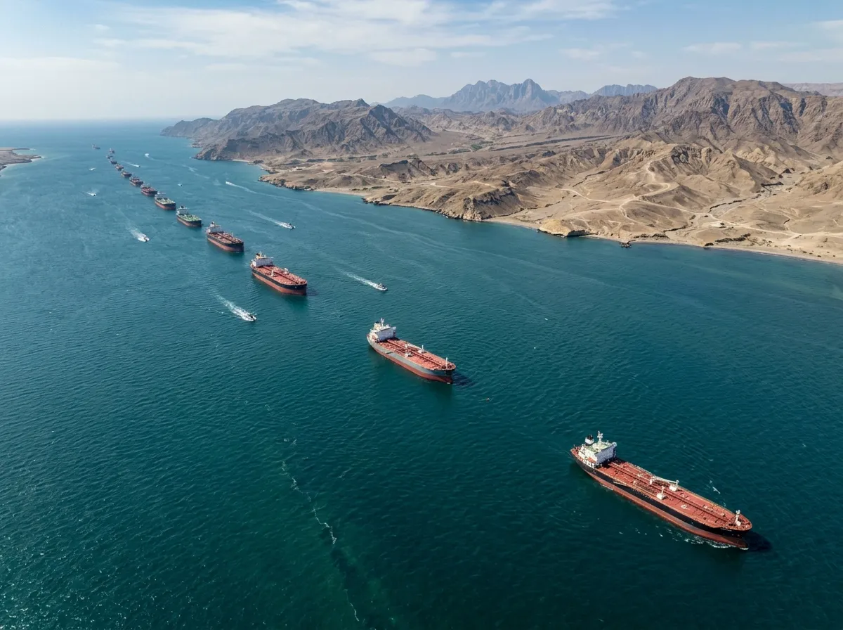 Oil tankers lined up in open water waiting to transit through the Strait of Hormuz