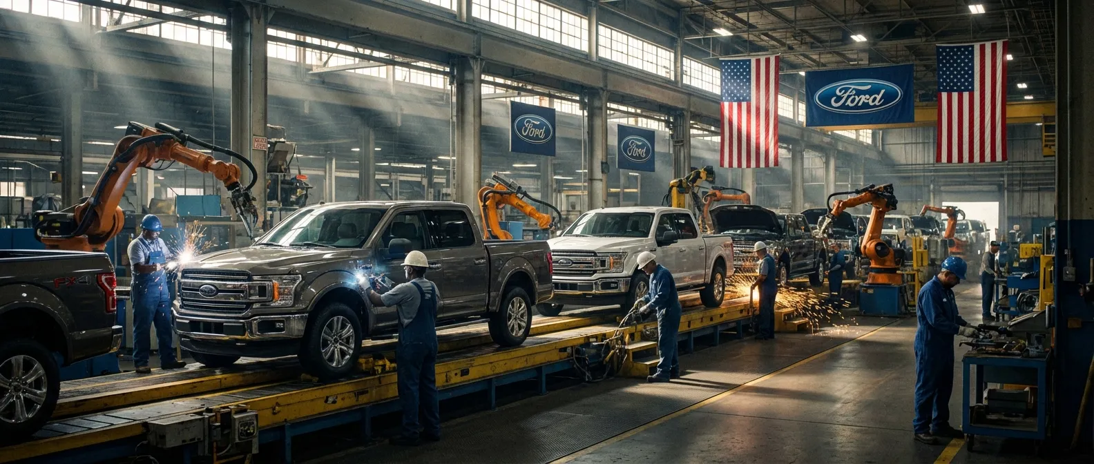 Ford F-150 trucks on assembly line at Dearborn factory with American manufacturing backdrop