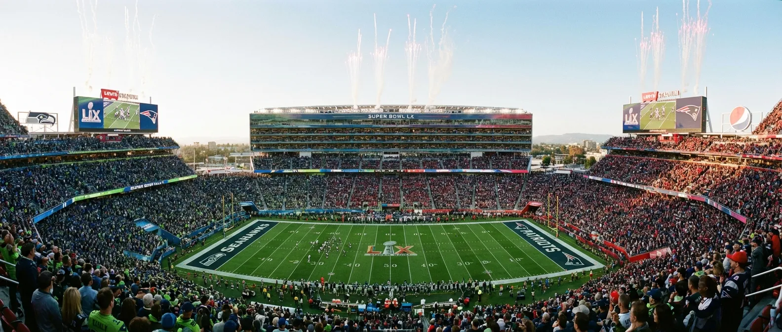Football stadium wide shot showing packed Super Bowl crowd and field