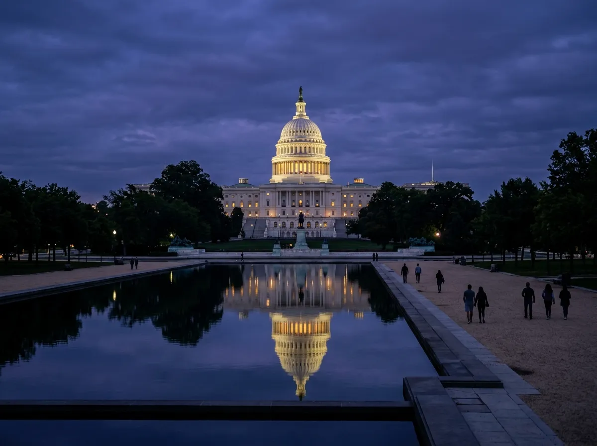 The United States Capitol building seen from the National Mall at dusk