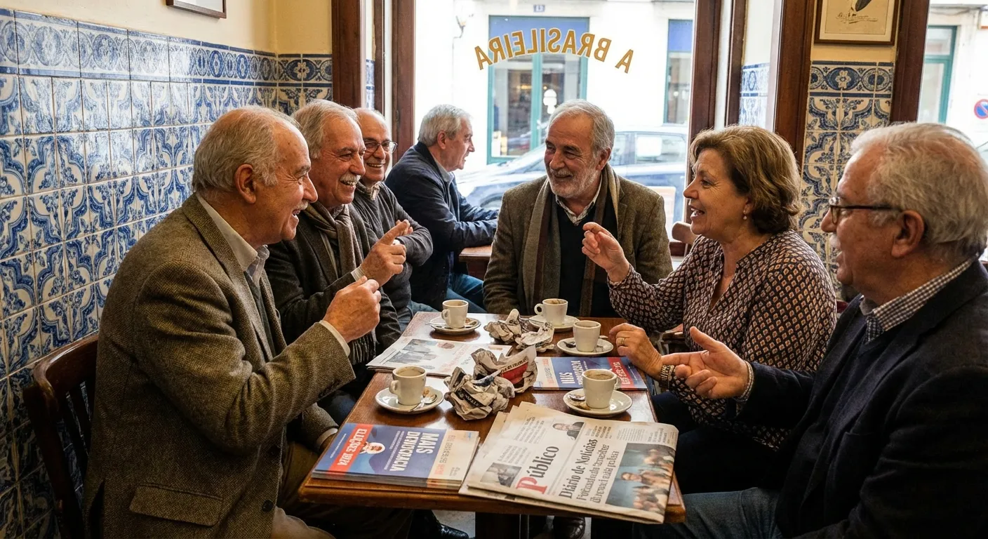 Portuguese voters discussing politics at a traditional Lisbon cafe