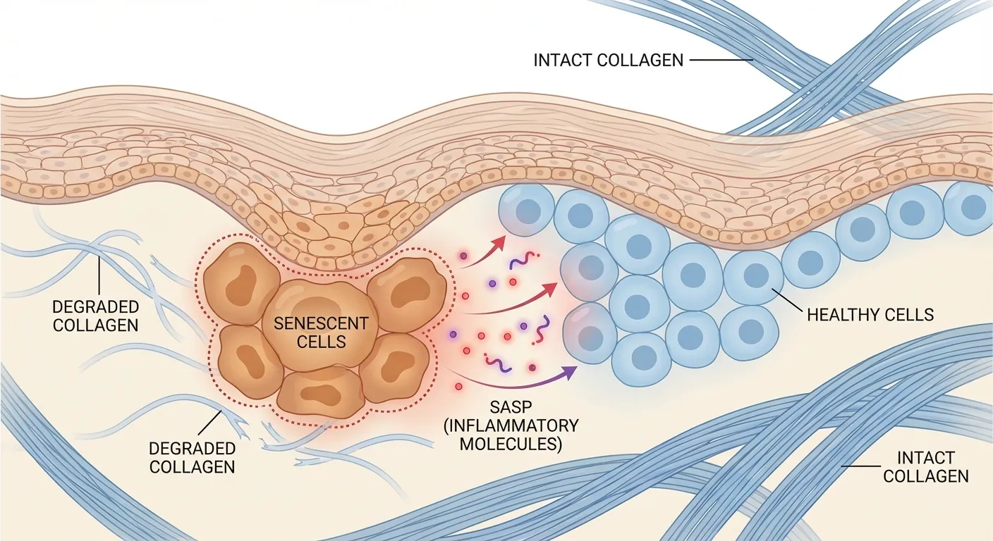 Scientific illustration showing senescent cells releasing inflammatory molecules in skin tissue