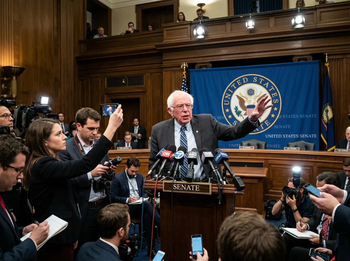 Senator Bernie Sanders speaking at a podium during a congressional press conference