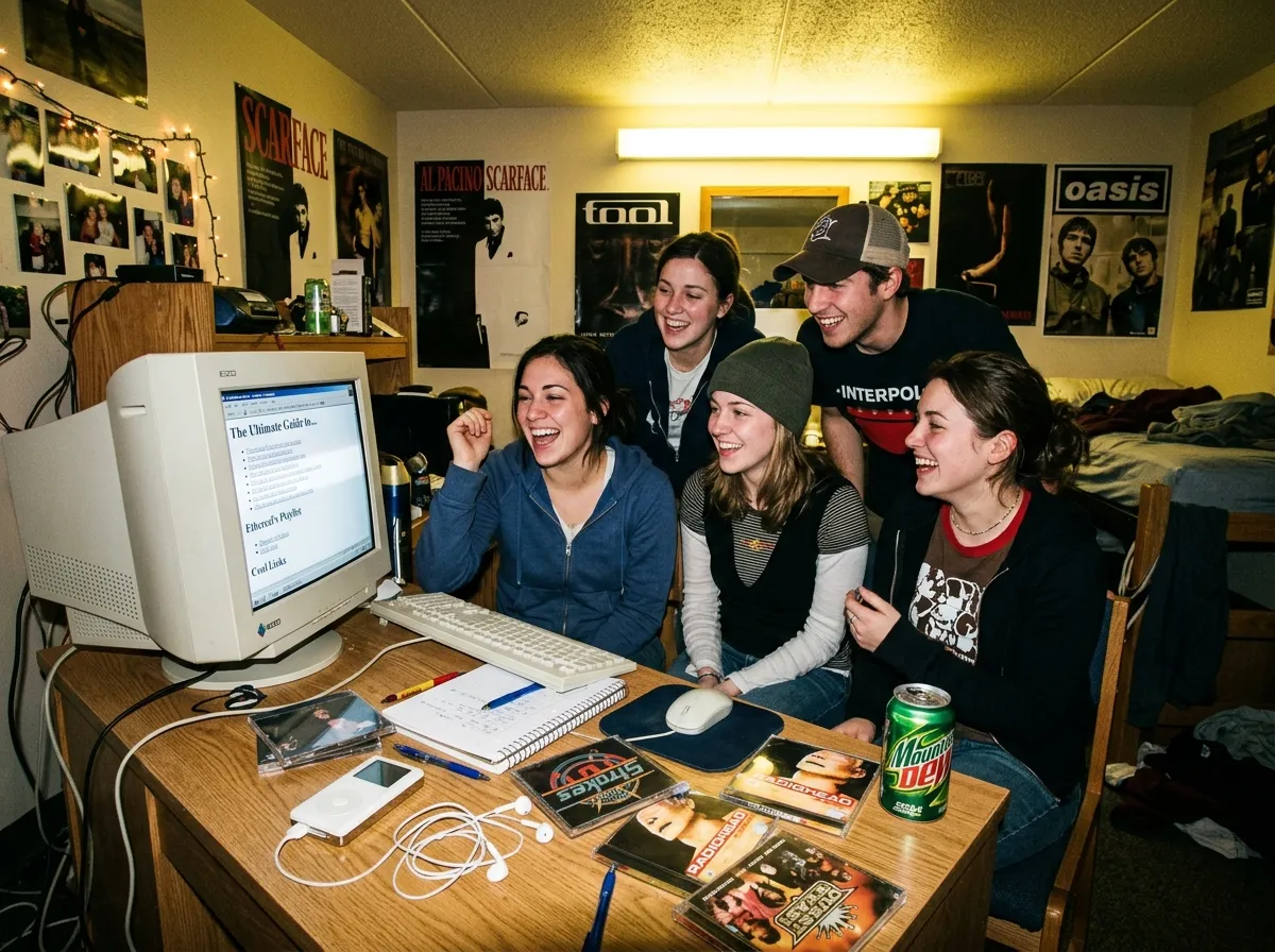 Early 2000s computer lab with students gathered around a monitor laughing