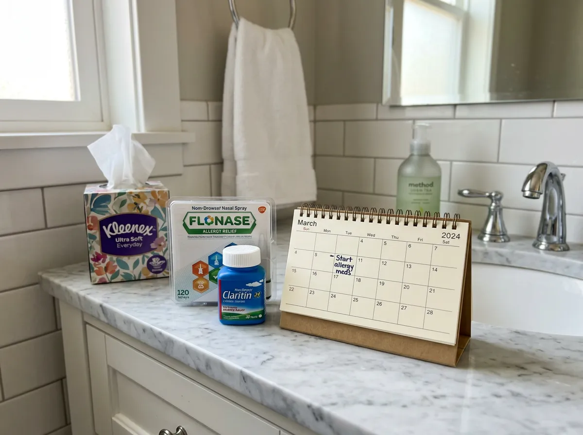 Over-the-counter allergy medications arranged with a calendar showing early March
