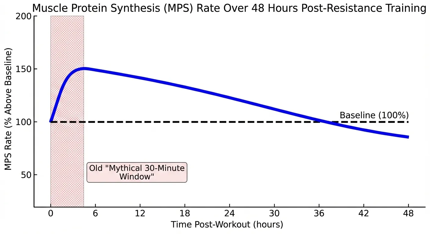 Graph showing muscle protein synthesis elevation lasting 24-48 hours after resistance training, not just 30 minutes