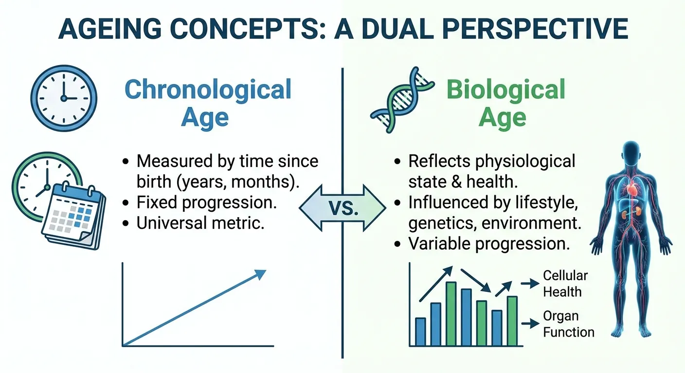 Infographic comparing chronological age versus biological age with lifestyle factors