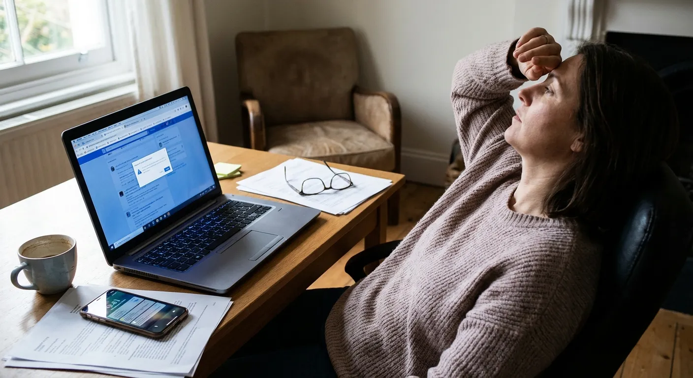 Person at desk with multiple screens and notifications looking mentally drained and unfocused