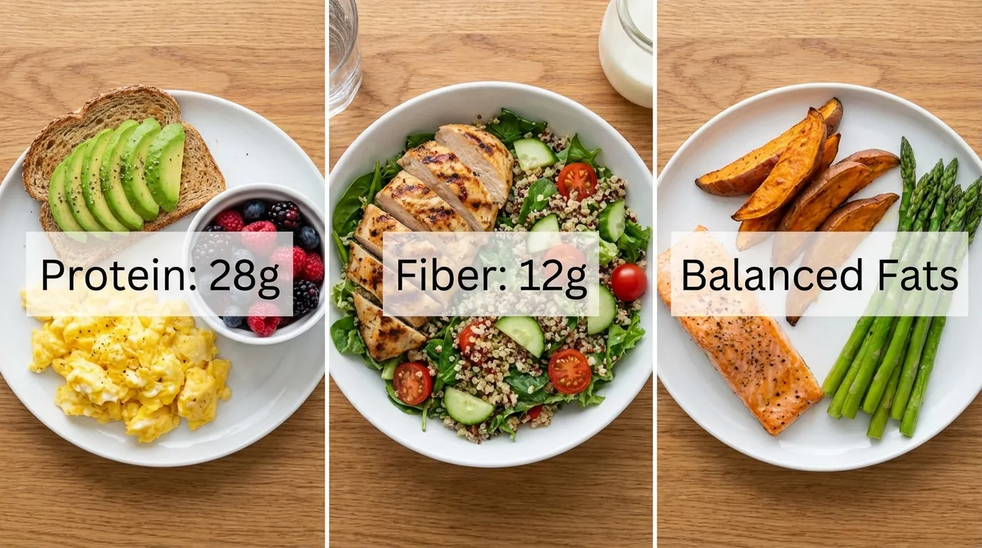 Sample day of meals following the new dietary guidelines with protein content labeled