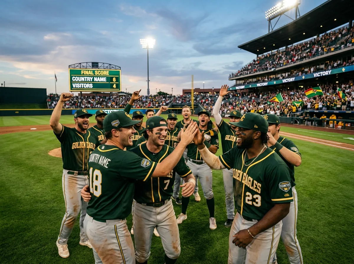 Australian baseball player celebrating with teammates after a victory on the field