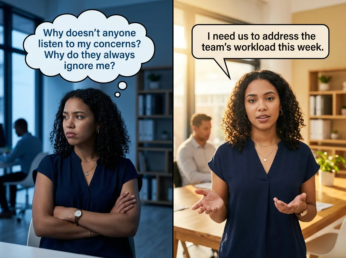 Split screen showing indirect hint versus direct request conversation styles