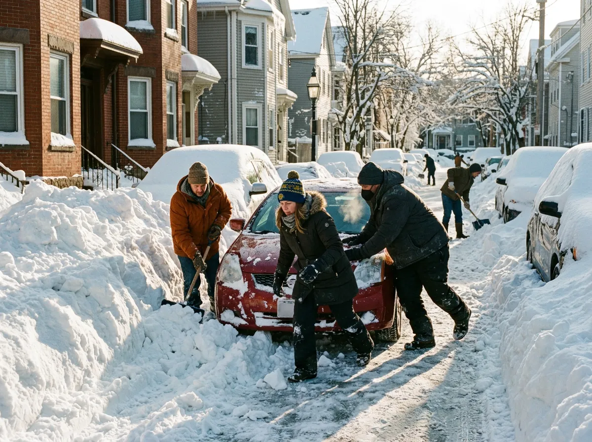 People shoveling snow from buried cars on a residential street after the blizzard