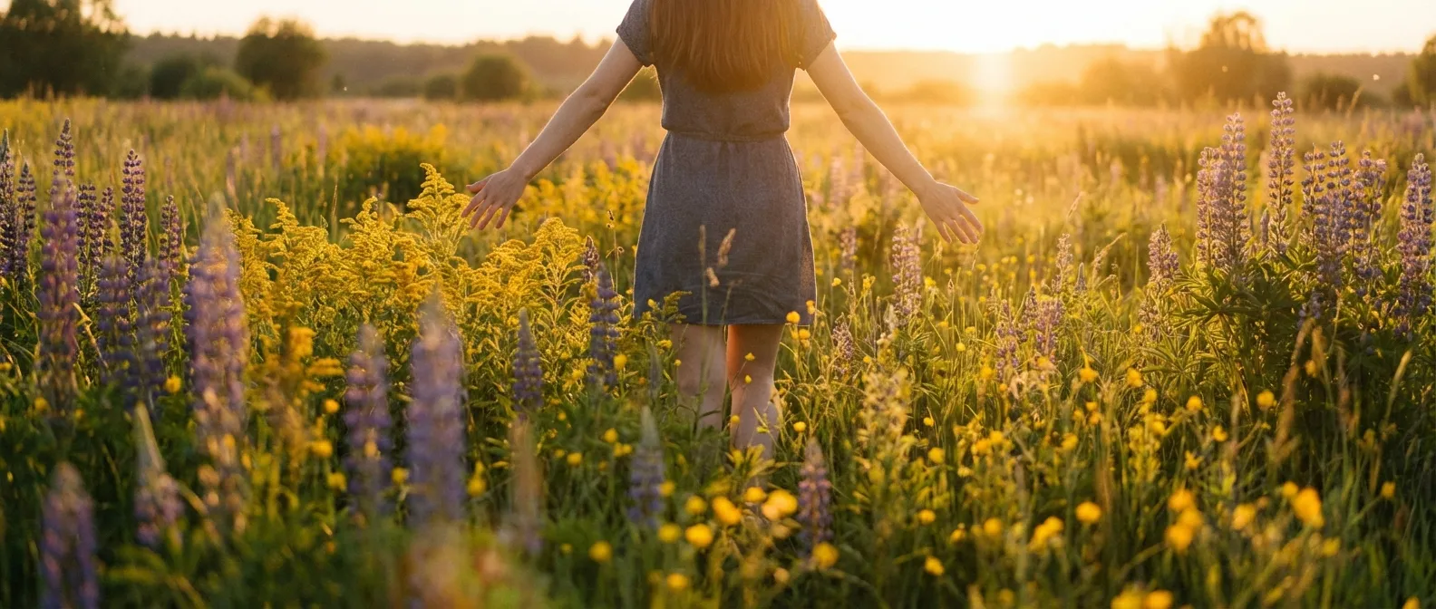 Person walking slowly through a sunlit meadow with arms slightly outstretched and relaxed