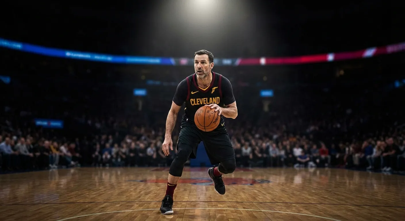 NBA guard dribbling up the court in a Cavaliers jersey under arena spotlights