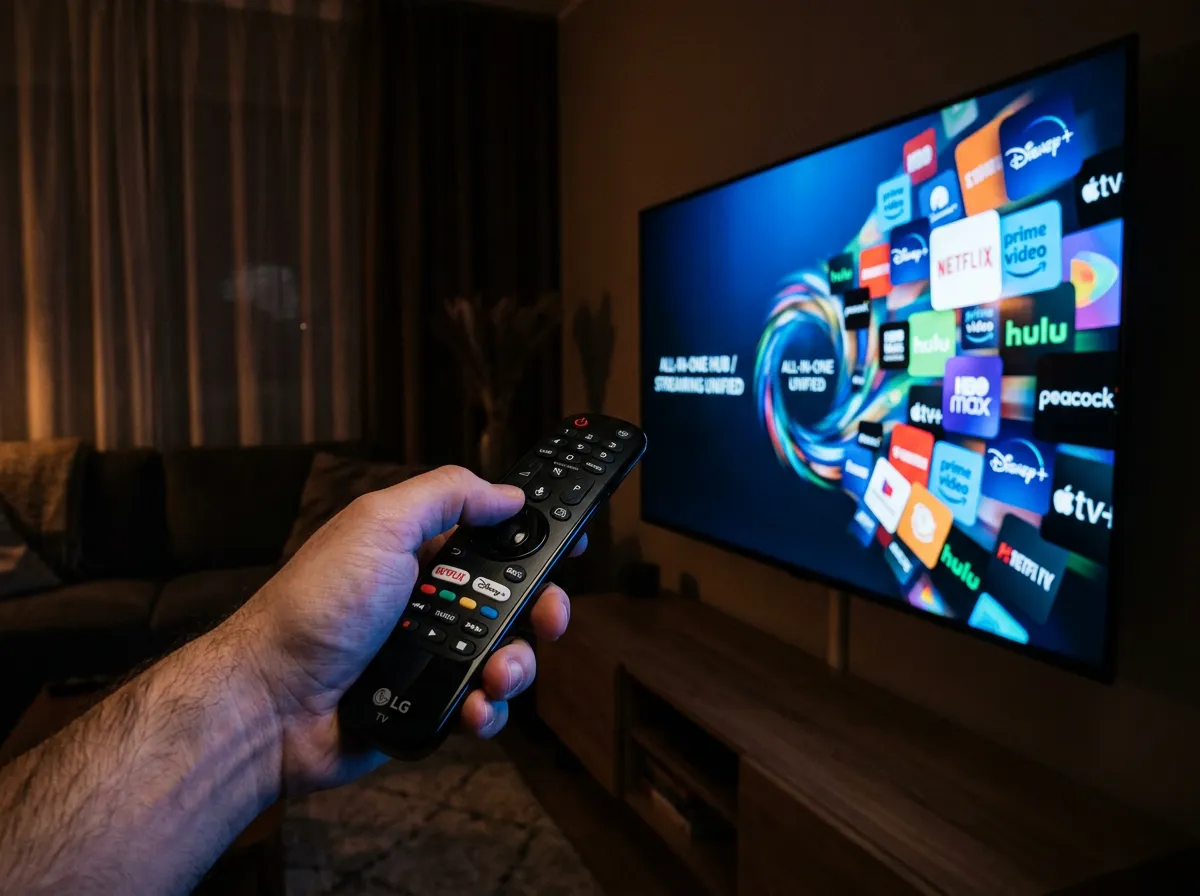 A person browsing streaming services on a television remote with multiple app icons