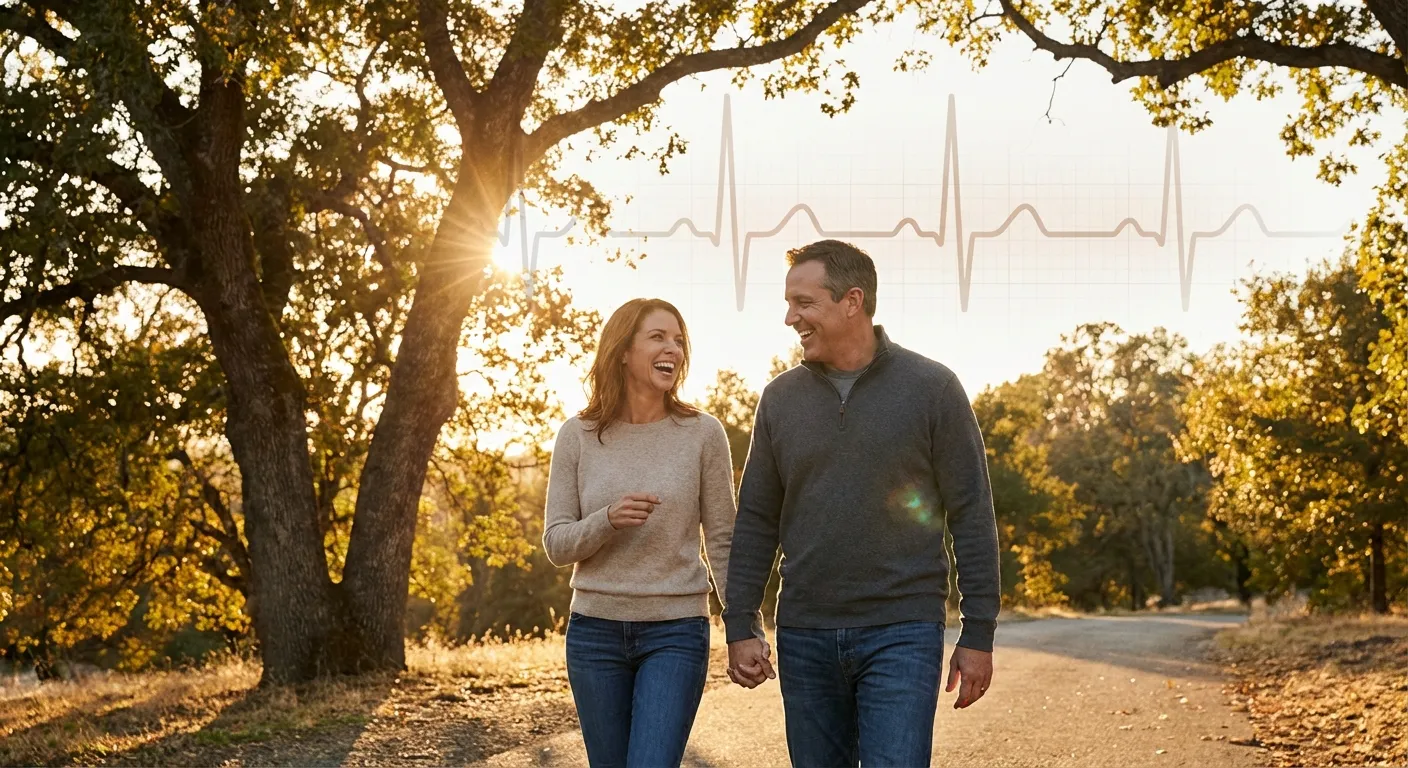 Couple walking together at sunset with a subtle heart rate rhythm overlay representing cardiovascular health