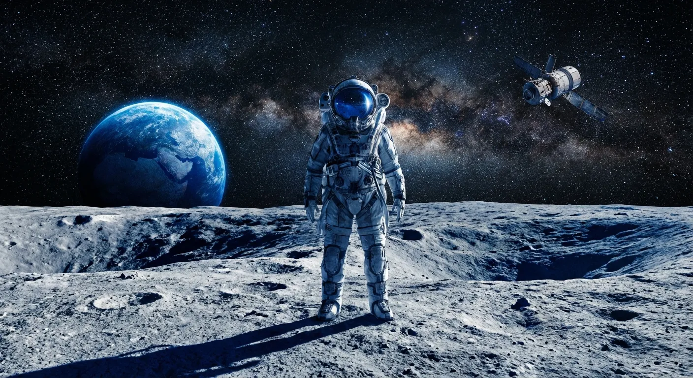 Astronaut on lunar surface with Earth rising over the horizon and spacecraft in orbit