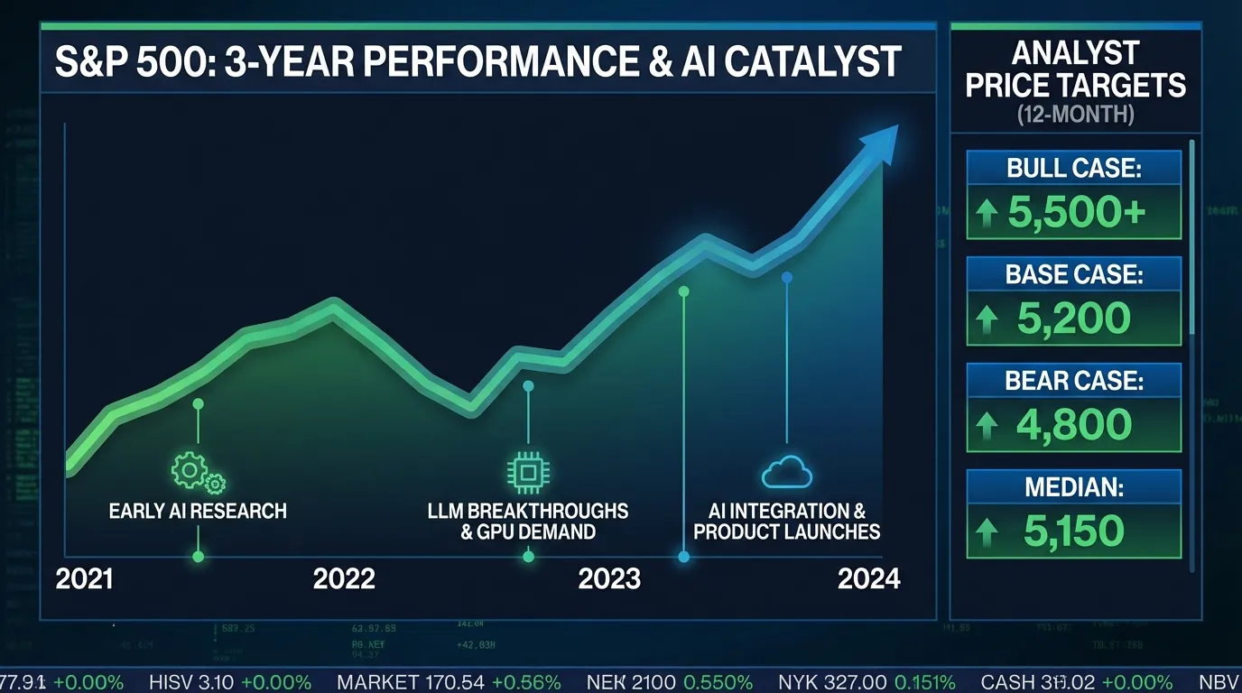 Financial chart showing S&P 500 performance with upward trend line and AI sector callouts
