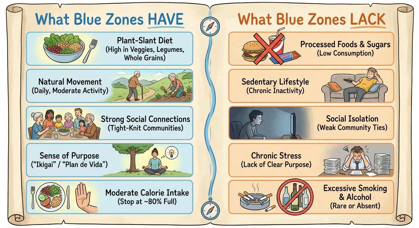 What Blue Zone centenarians have versus what they don't have, contrasting with modern wellness culture