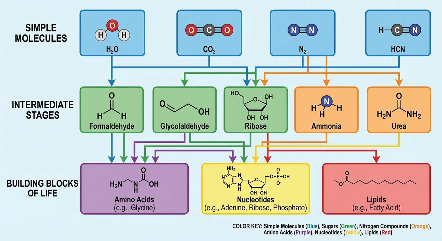 Diagram showing pathway from simple molecules to building blocks of life