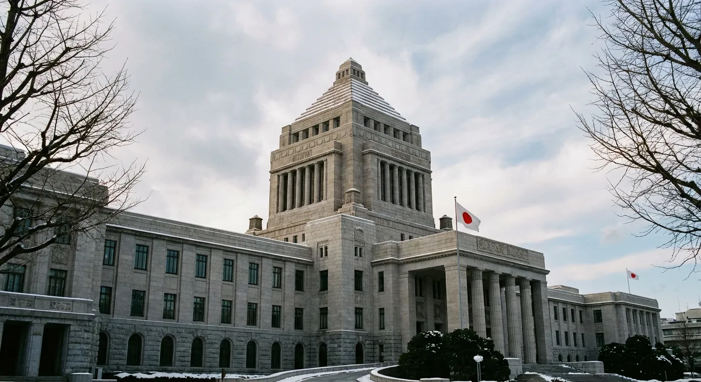 Japanese parliament building with cherry blossom anticipation representing political change