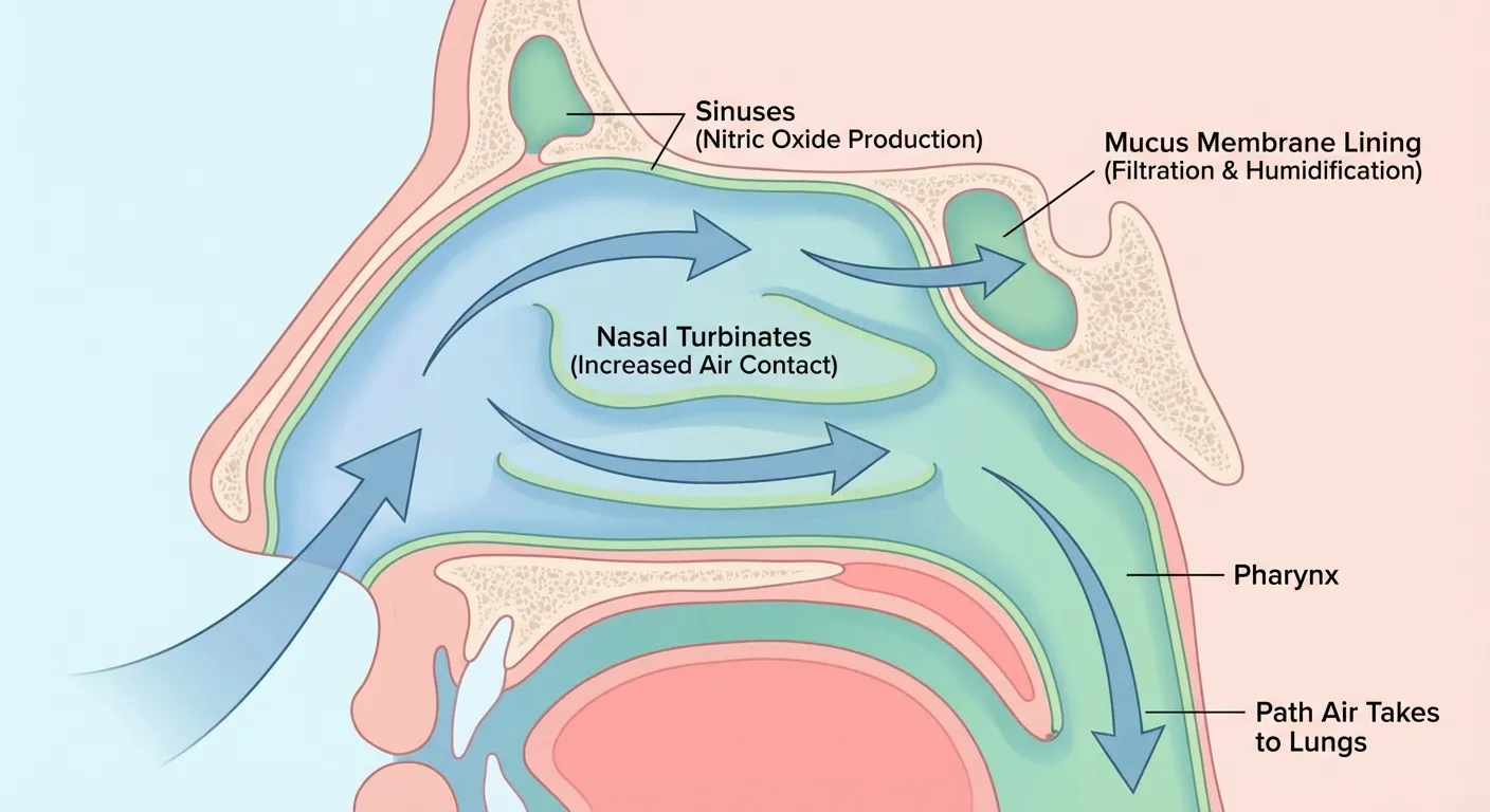 Anatomical diagram showing nasal passage structures including turbinates and sinuses