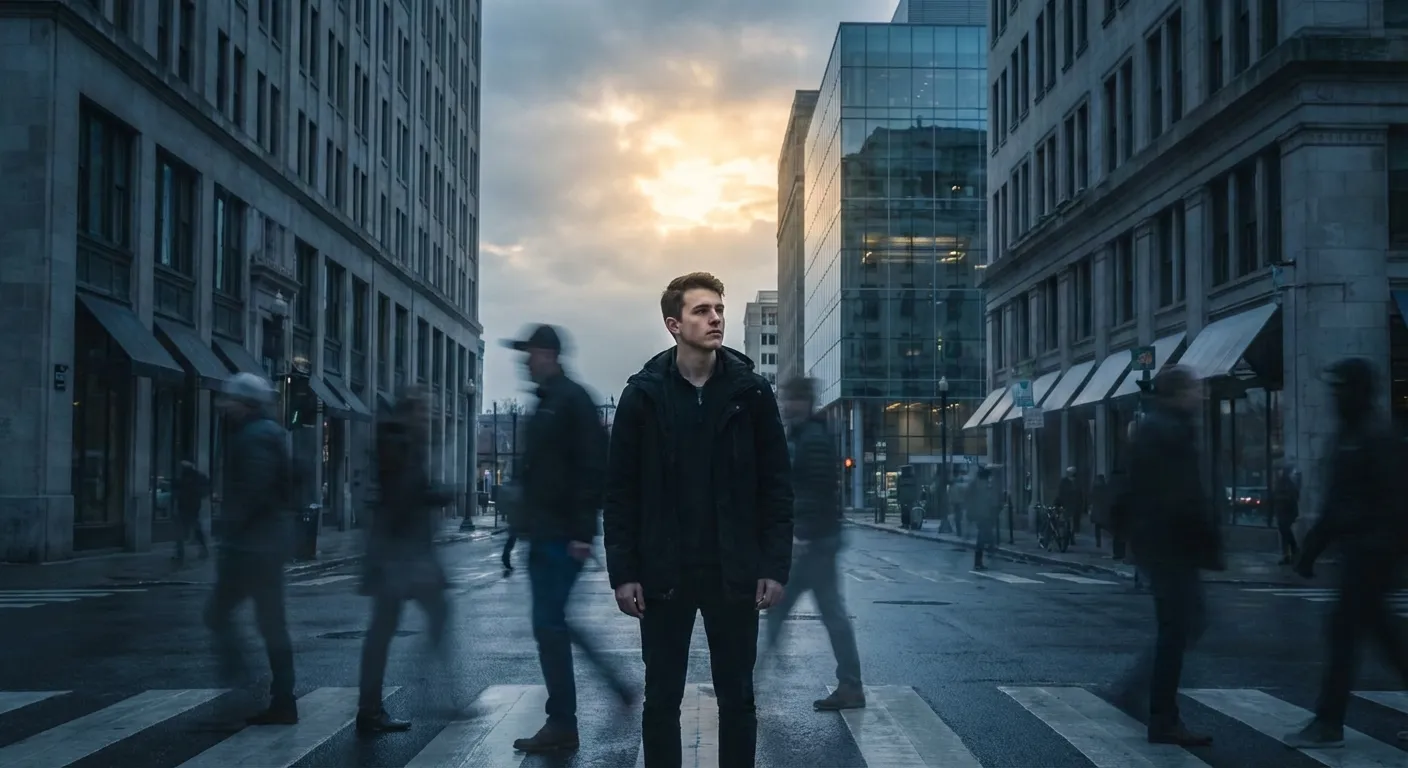 Person standing alone in crowd with visual representation of disconnection and isolation