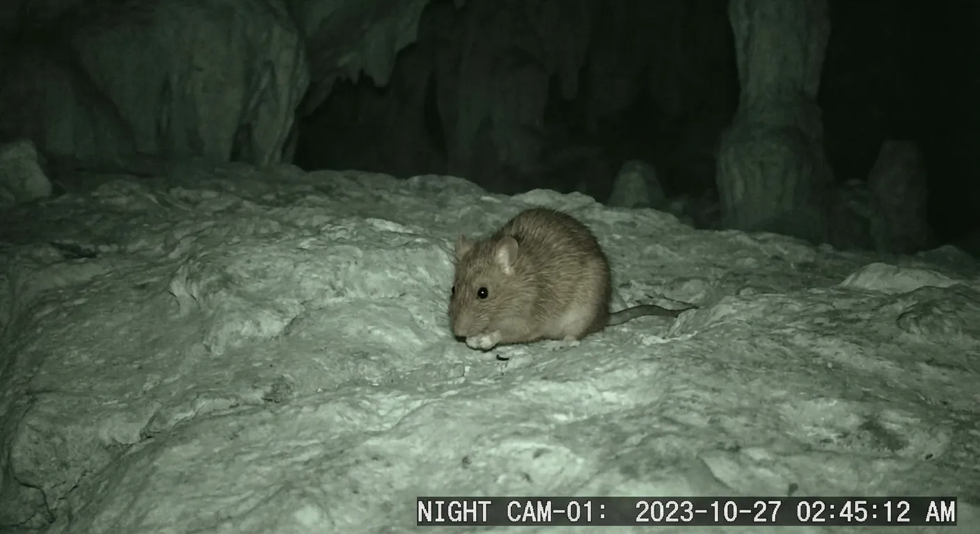 Night vision camera footage showing rat in cave environment