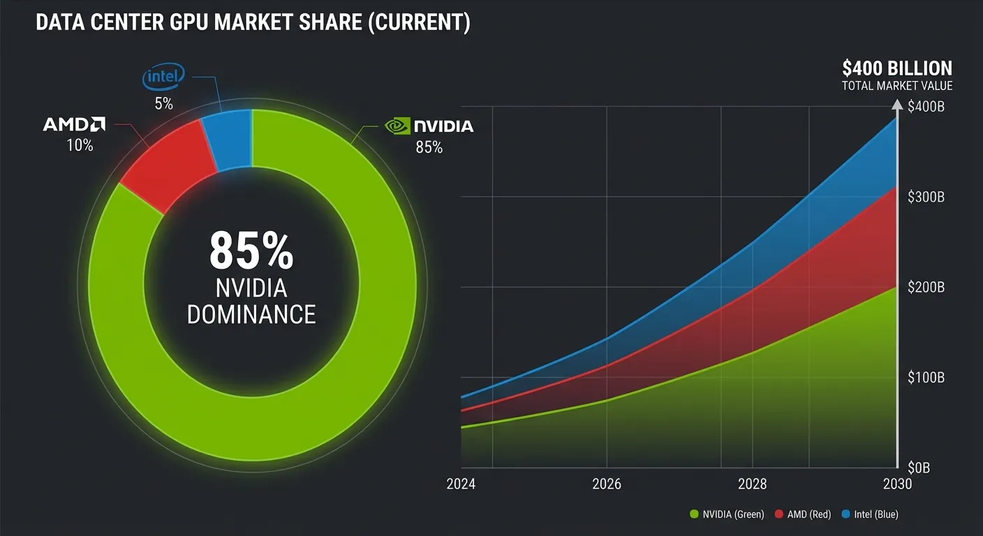 An infographic showing the GPU market share split between Nvidia AMD and Intel with projected growth