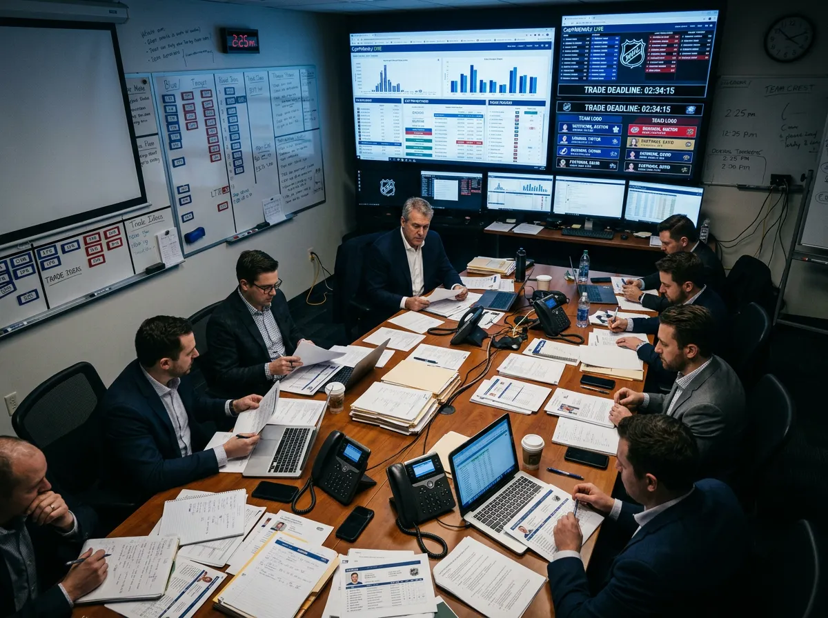 NHL trade deadline war room with phones and screens displaying player statistics