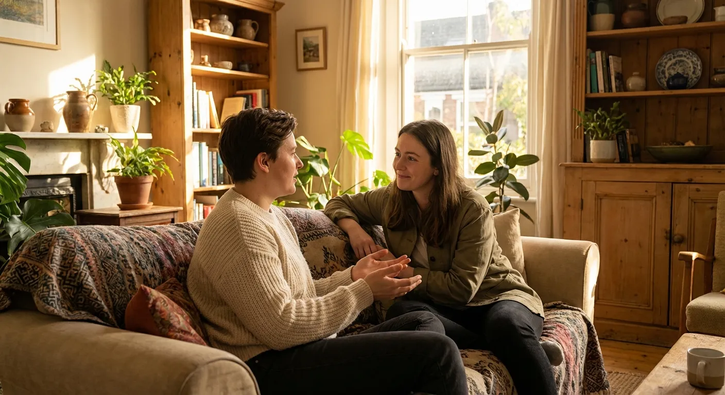 Two people in conversation, one leaning in with openness and attention