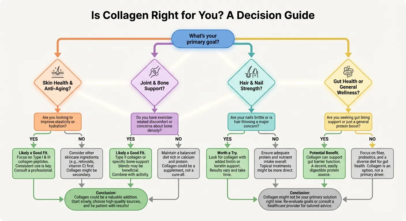 Decision flowchart for whether to try collagen supplements based on goals, budget, and current practices