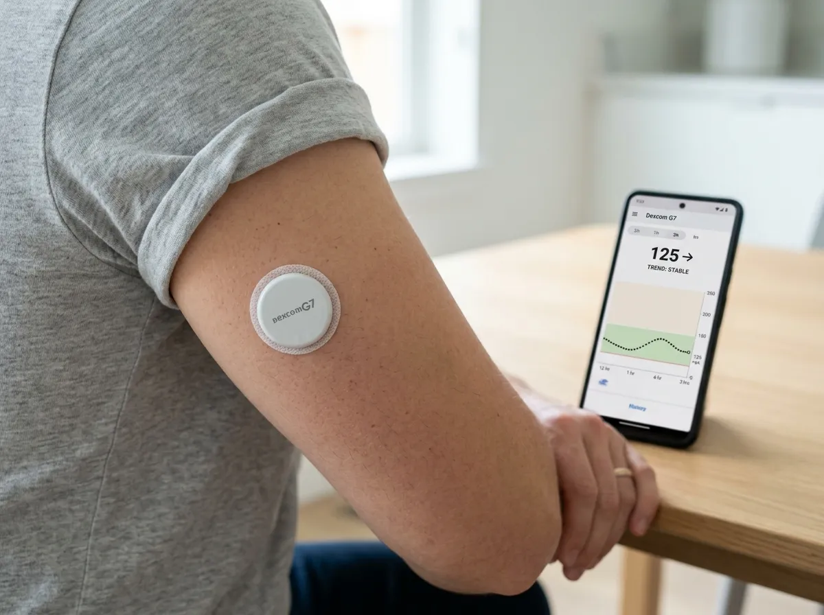 Close-up of a continuous glucose monitor sensor attached to a person's upper arm