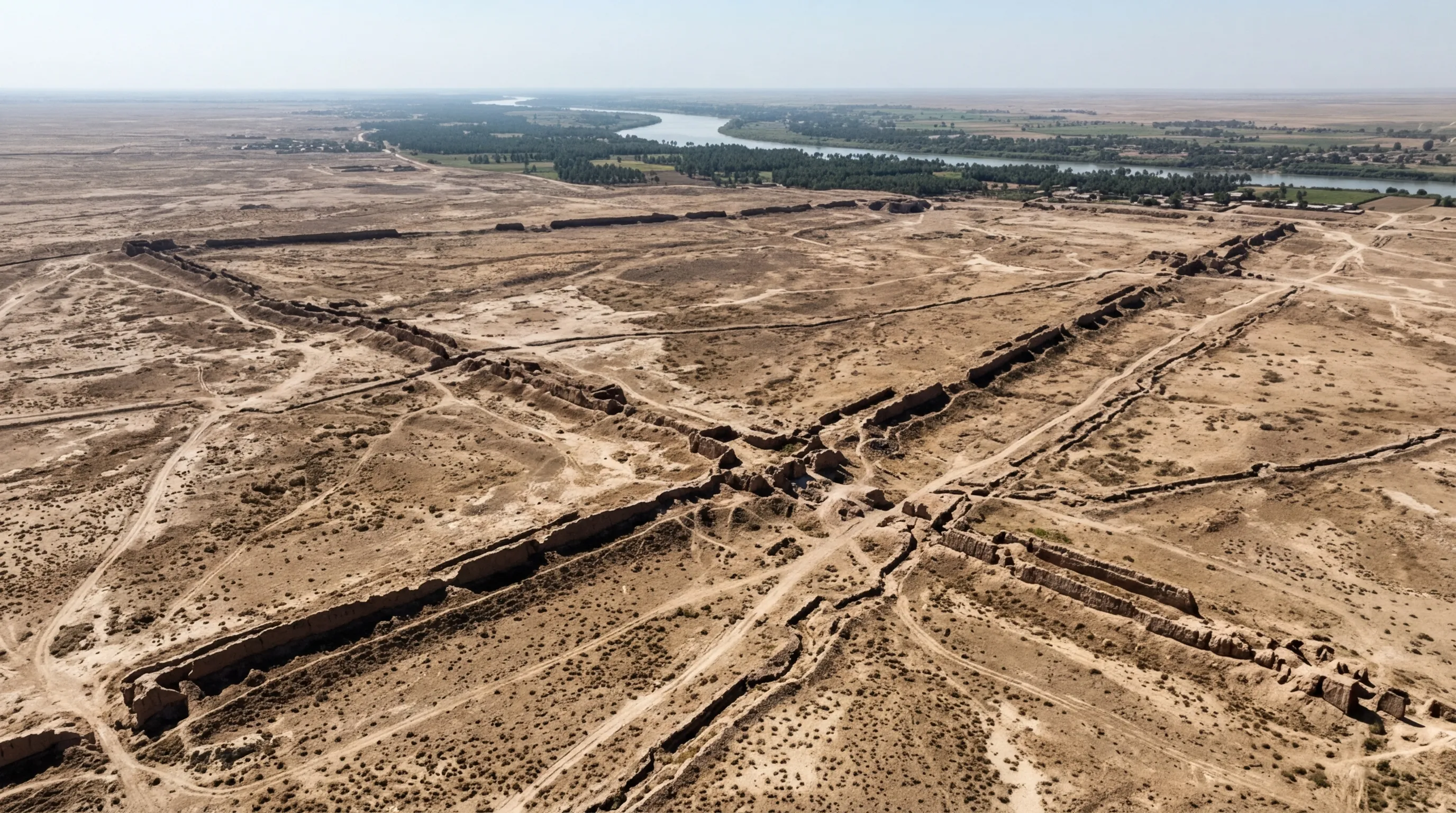 Vast desert landscape in southern Iraq with faint ancient mud-brick wall outlines stretching to the horizon