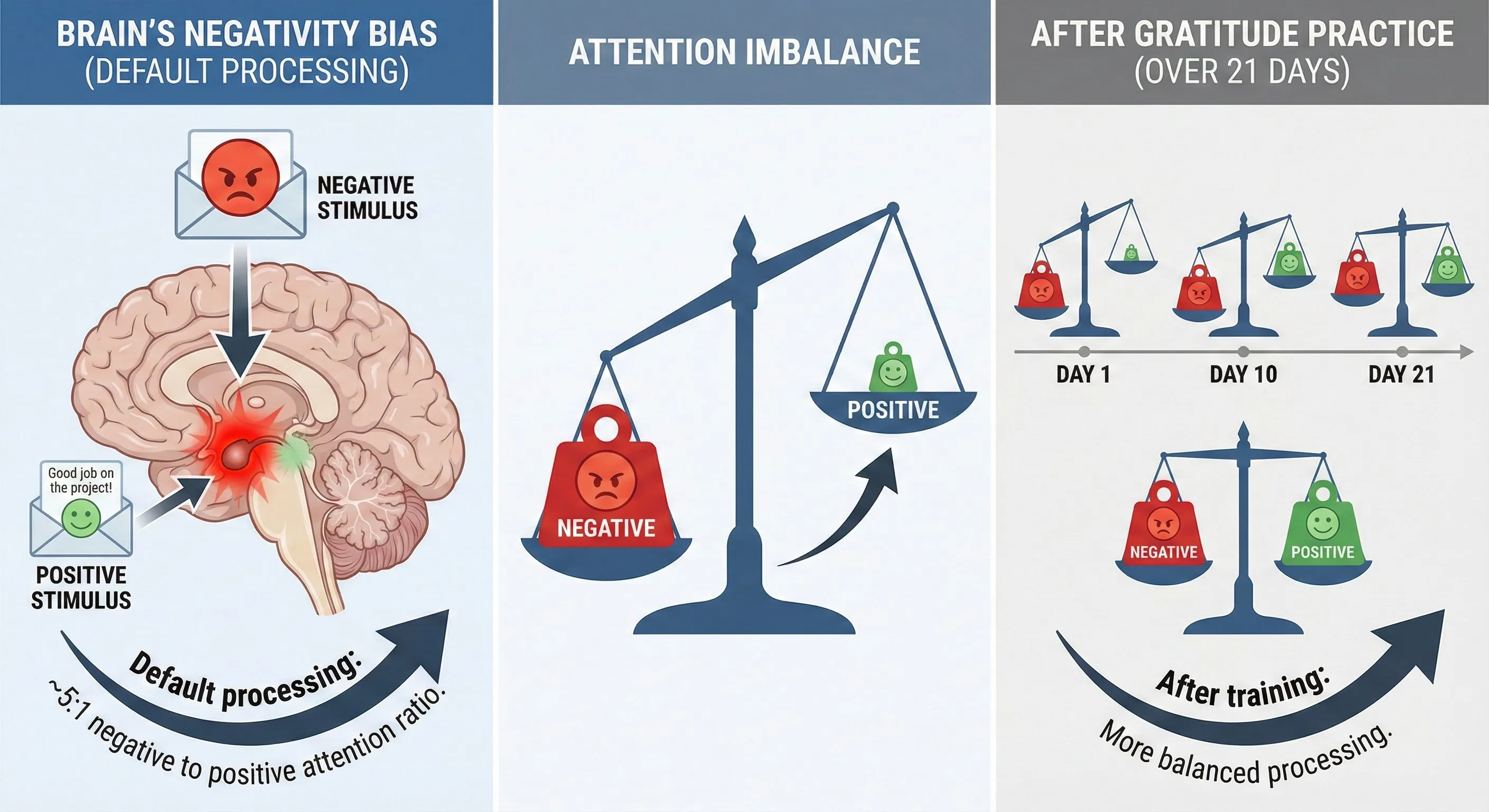 Brain diagram showing negativity bias and gratitude intervention