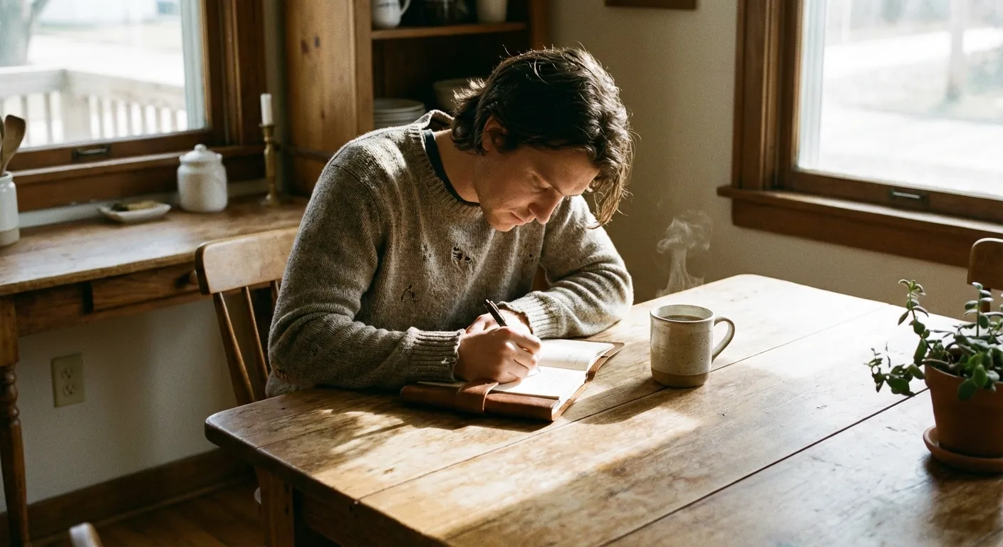 Person journaling at a kitchen table with morning coffee in thoughtful reflection