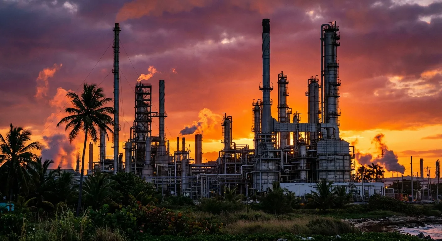 Oil refinery complex with pipes and towers against a tropical sunset sky