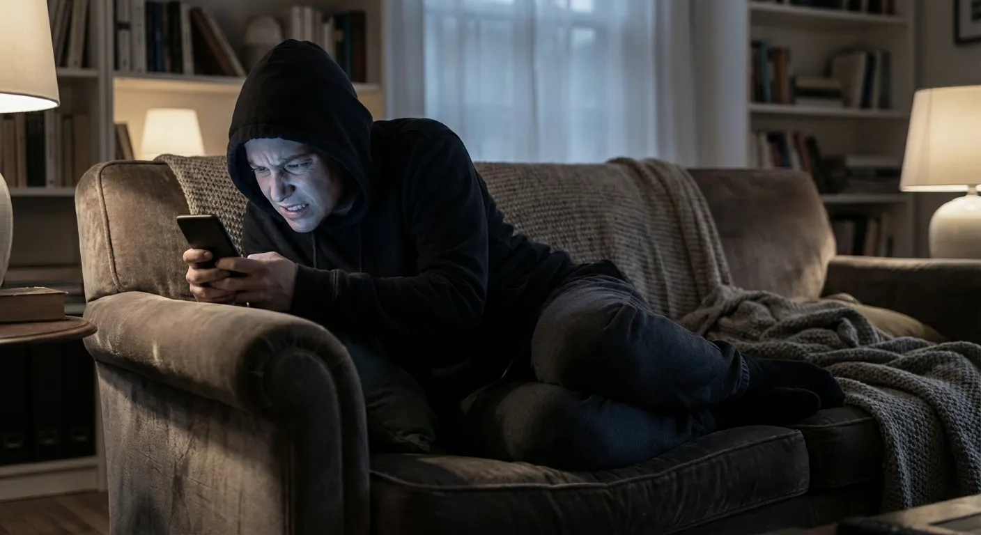 Person hunched over phone with tense shoulders showing chronic stress posture