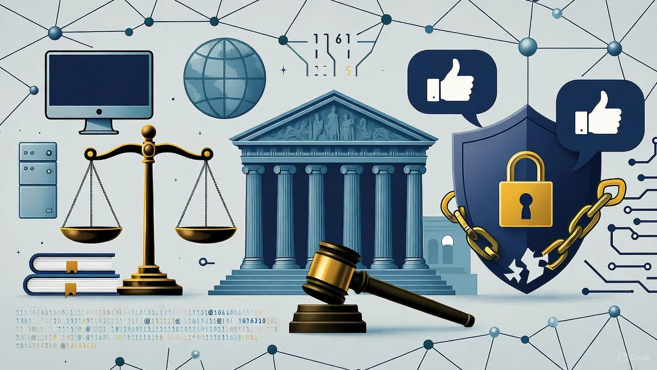 Supreme Court building alongside social media platform logos, representing the legal challenge to Section 230