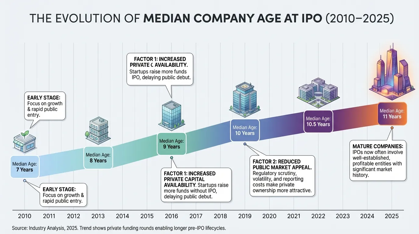 Timeline showing increasing median company age at IPO from 2010 to 2025