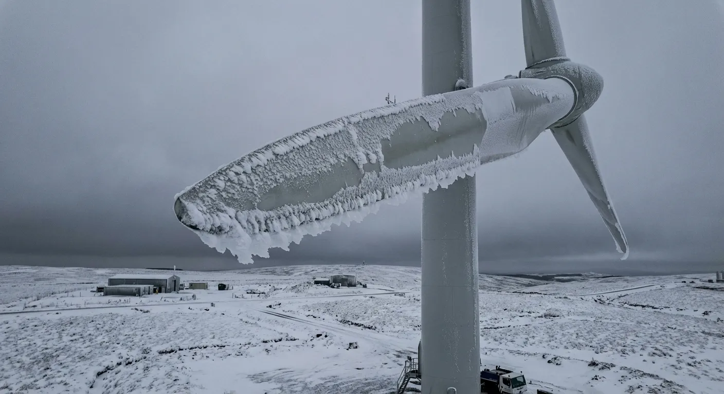 Wind turbine blades with ice accumulation showing the engineering challenge
