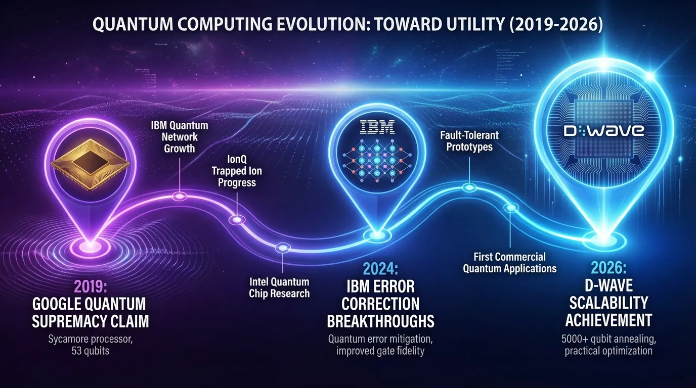 Timeline visualization showing quantum computing milestones from 2019 to 2026